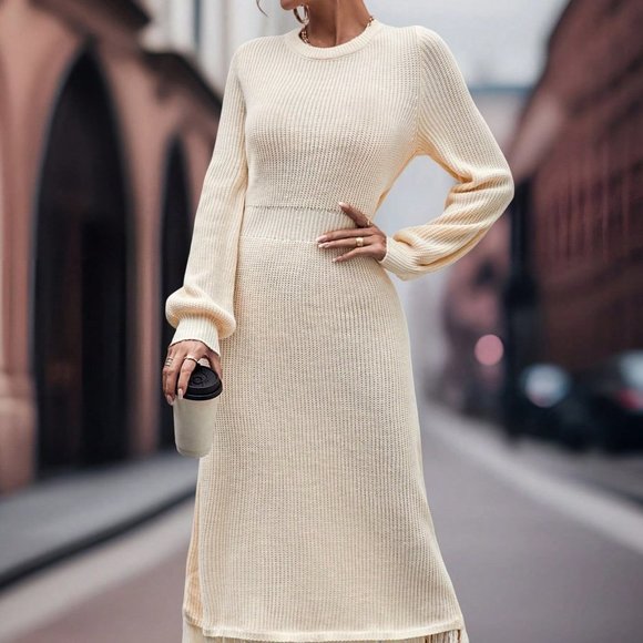 . Dresses & Skirts - Apricot Casual Womens Fringe Hem Lantern Sleeve Sweater Dress